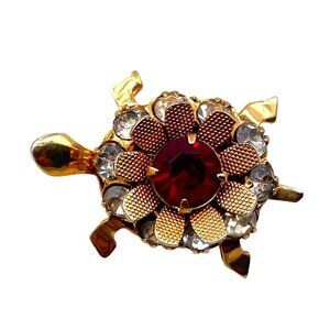Red Clear Crystal Floral Turtle Brooch Pin Gold Tone Cute Timeless Birthday